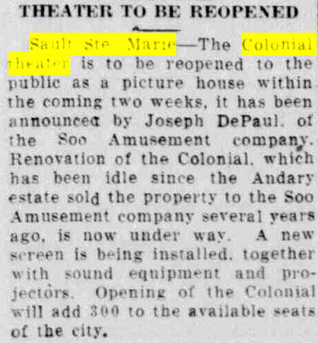 Colonial Theater - Jan 29 1943 Soo Mgmt Takes Over Colonial (newer photo)